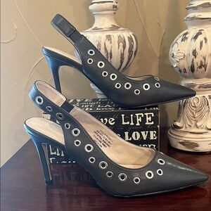 French Connection Black Slingback Pointed Heels with Silver Eyelets